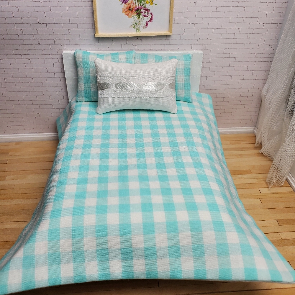Aqua Checkered Bedding Set Miniature Dollhouse 1:12 Scale